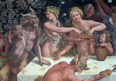 Två Horae spridda blommor, bevakade av två satyrer, detalj av den rustika banketten som firar Amors och Psyches bröllop från Sala di Amore e Psiche, 1528 freskdetalj av 78427 av Giulio Romano