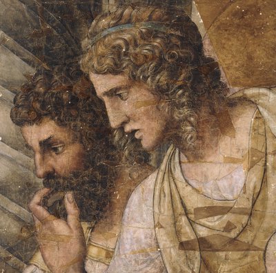 Två män, bystlängd, tittar ner: en tecknad film för en gobeläng, av Giulio Romano