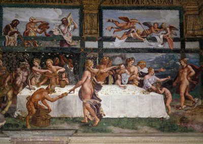Bröllopsfest eller gudarnas bankett, fresk av Giulio Romano (1499-1546), västra väggen i Amors och Psykes kammare, Palazzo Te, Mantua (UNESCOs världsarvslista, 2008), Lombardiet, Italien av Giulio Romano