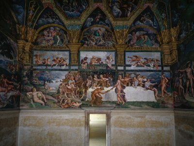 Bröllopsfest eller gudarnas bankett, fresk av Giulio Romano (1499-1546), västra väggen i Amors och Psyches kammare, Palazzo Te, Mantua (UNESCO:s världsarvslista, 2008), Lombardiet, Italien av Giulio Romano