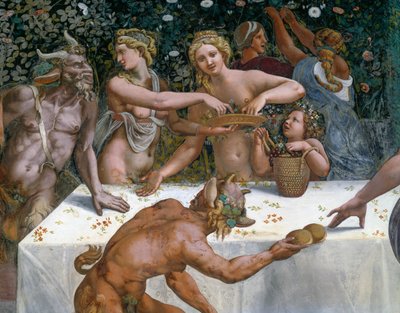 Bröllopsfest eller gudarnas bankett, fresk av Giulio Romano (1499-1546), västra väggen i Amors och Psyches kammare, Palazzo Te, Mantua (UNESCO:s världsarvslista, 2008), Lombardiet, Italien av Giulio Romano