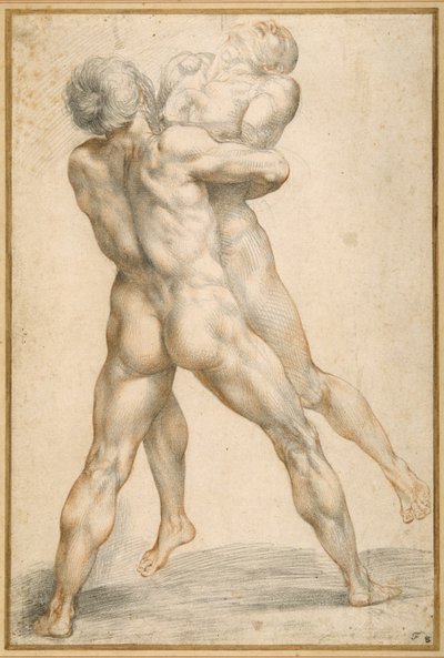 Hercules brottas med Antaeus (svarta och röda krita på vitt papper) av Giuseppe Cesari