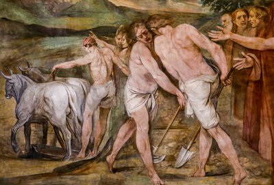 Romulus plöjer gränslinjen runt den framtida staden Rom (detalj) av Giuseppe Cesari