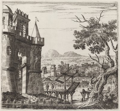Landskap med ett slott och en vindbro av Giuseppe Antonio Landi