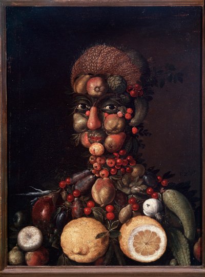 Människofigur gjord av frukt och grönsaker (målning av Giuseppe Arcimboldo