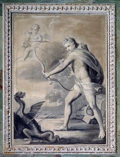 Apollon dödar ormen Python (monokrom teckning av Giuseppe Bacigalupo