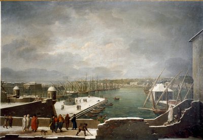 Utsikt över hamnen i Genua täckt med snö (olja på duk av Giuseppe Bacigalupo
