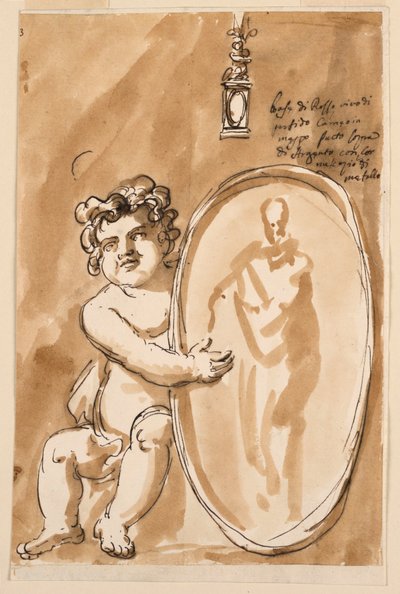 Sittande Putto med medaljong av Giuseppe Barberi