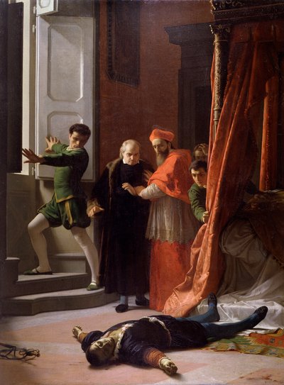Död av hertigen av Florens Alessandro de Medici dödad av Lorenzino de Medici (olja på duk av Giuseppe Bellucci