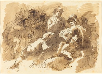 En gemytlig sammankomst med en man som spelar en Hurdy-Gurdy av Giuseppe Bernardino Bison
