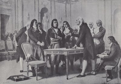Alessandro Volta demonstrerar sitt batteri för Napoleon, Frankrikes förste konsul, 1801 av Giuseppe Bertini