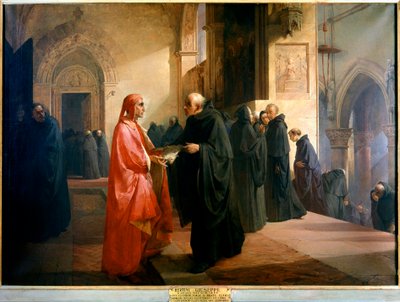 Dante Alighieri överlämnar till broder Ilario en anteckningsbok som innehåller delar av Den gudomliga komedin av Giuseppe Bertini