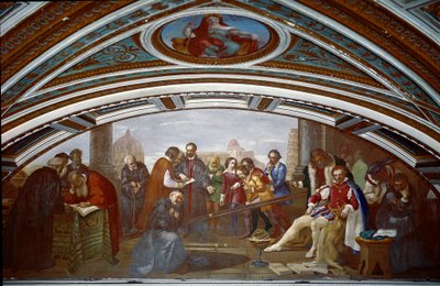 Galileo Galilei dit Galilee (1564-1642) visar lagen om fall och gravitation. Galilee visar erfarenheten med en lutande plan under en offentlig föreläsning i Pisa. Målning av Giuseppe Bezzuoli (1784-1855) av Giuseppe Bezzuoli