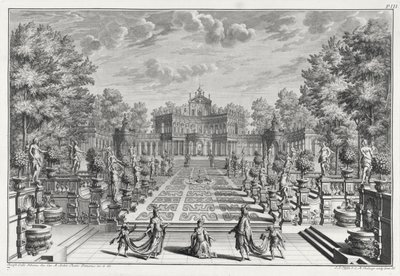 Inramning för en opera i en trädgård, från Architectus Theatralis Primarius, graverad av Johann Andreas Pfeffel (1674-1748), publicerad 1740 av Giuseppe Bibiena