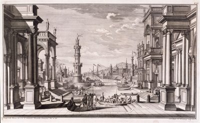 Liten hamn med kolonner i barockstil, från 