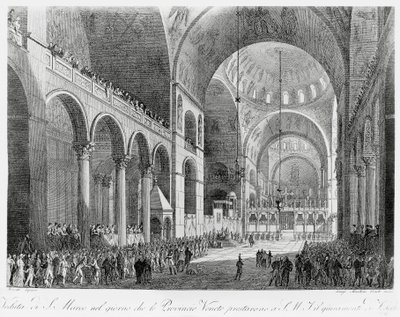 Venetoprovinserna svär trohet till den österrikiske kejsaren Frans II (1768-1835) i San Marco-basilikan i Venedig, den 7 maj av Giuseppe Borsato