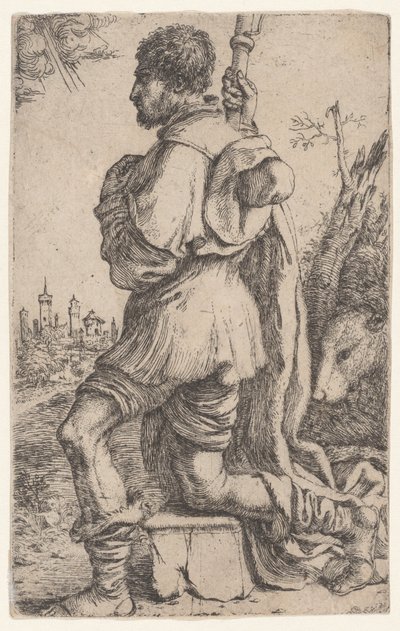 Saint Roch, knästående på en sten, sedd från sidan med sin hund bakom sig..., 1620-30. av Giuseppe Caletti
