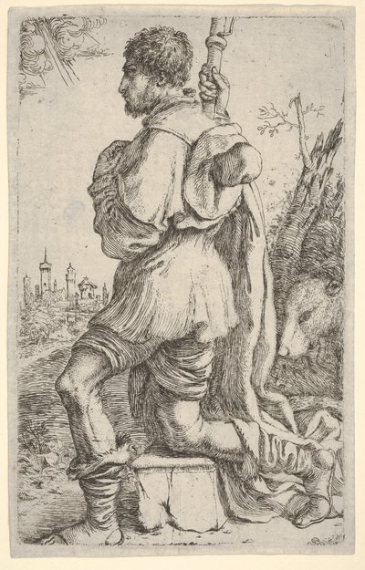Saint Roch, på knä på en sten, sedd från sidan med sin hund bakom sig och en städer..., 1620-30. av Giuseppe Caletti