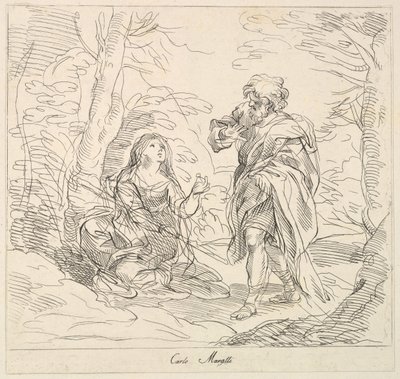 Sittande kvinna och skäggig man i ett landskap, 1740-1802. av Giuseppe Canale