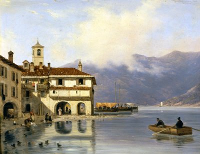 Como. Menaggios strand och hamn (1850). Målning av Canella. Menaggio (Como),. av Giuseppe Canella
