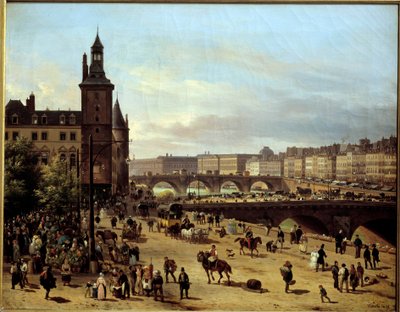 Utsikt över Flower Walk, Klocktornet, Pont au Change och Pont-Neuf i Paris Målning av Giuseppe Canella l