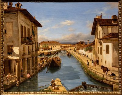 Utsikt över Naviglio-kanalen från St. Markus bron, ca 1850 (olja på duk) av Giuseppe Canella