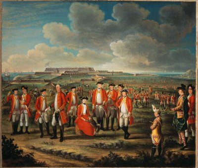 Lady Louisa Lennox med sin makes Regiment, 25th Regiment of Foot, med Lord George Lennox bredvid sig, och Fort St Philip, Port Mahon, i bakgrunden, ca 1771 av Giuseppe Chiesa