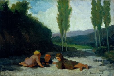 Barn som leker vid en flodstrand (olja på duk) av Giuseppe Ciaranfi