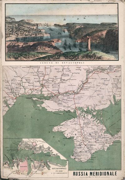 Karta över södra Ryssland med utsikt över Sevastopolbukten och dess befästningar, 1853. av Giuseppe Civelli