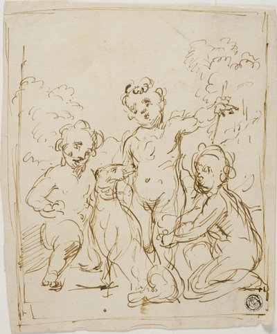 Tre putti och en hund i ett landskap av Giuseppe Diamantini