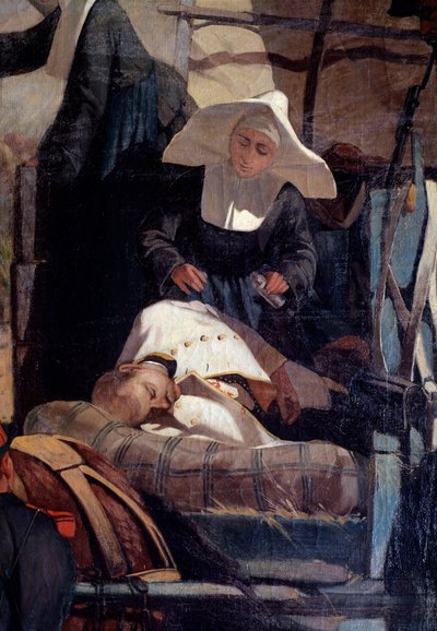 Italienskt militärläger under slaget vid Magenta Slaget vid Magenta den 4 juni 1859 under det italienska fälttåget som ledde till en fransk-sardinsk seger ledd av Napoleon III mot österrikarna - Detalj som föreställer en undersköterska som en skadad bär på av Giuseppe Fattori