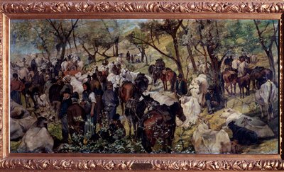 Marknaden i San Godenzo, Toscana (olja på duk av Giuseppe Fattori