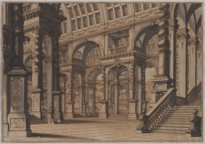 Monumental välvd hall med trappa av Giuseppe Galli Bibiena