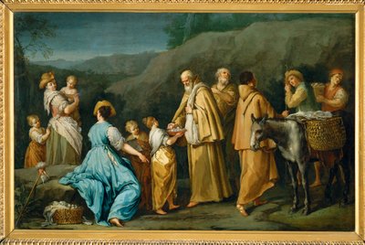 Religieux queteurs a qui une jeune fille donne des oefs - Mendicant friars till vilka en liten flicka erbjuder ägg ... av Giuseppe Gambarini
