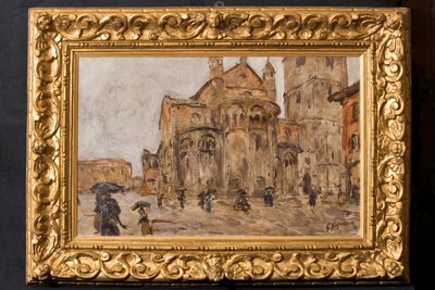 Piazza Grande in the Rain (olja på plywood) av Giuseppe Graziosi