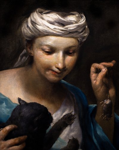 Kleines Mädchen spielt mit einer Katze und einer toten Maus (Detail) von Giuseppe Maria (1665-1747) Crespi