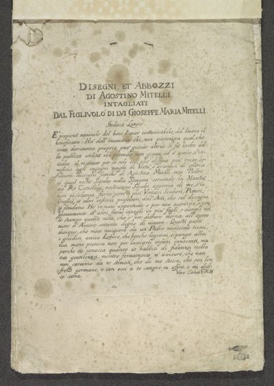 Titeltryck med förord ​​i ordning Ornament (serietitel) Teckningar och skisser av Agostino Mitelli snidade av hans son Gioseppe Maria Mitelli (serietitel på objekt) av Giuseppe Maria Mitelli