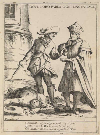Där guld talar, är varje tunga tyst. Där de talar är varje språk tyst, 1678 av Giuseppe Maria Mitelli