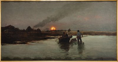 Fiske vid solnedgången (olja på duk) av Giuseppe Miti Zanetti