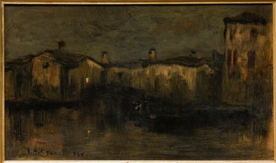 Landskap med hus (olja på kartong) av Giuseppe Miti Zanetti
