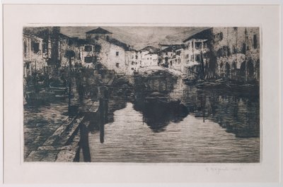 Fiskmarknadskanalen i Chioggia (etsning på vitt papper) av Giuseppe Miti Zanetti