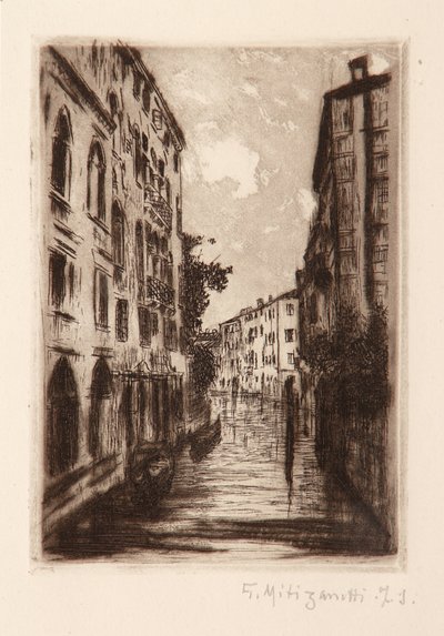 Venetianska kanalen (etsning på vitt papper) av Giuseppe Miti Zanetti