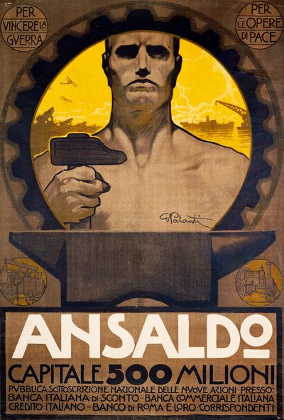 Arbetare med hammare och städ, affisch av Ansaldo från Genua för teckning av nya aktier av Giuseppe Palanti