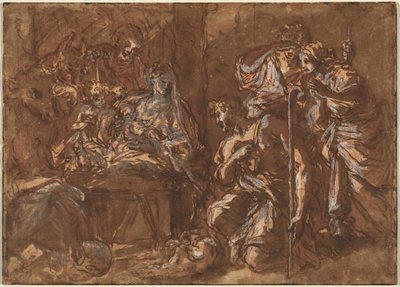 Herdarnas tillbedjan (penna och brunt bläck med brun lavering över rödkrita, förstärkt med vitt på liggande papper, kvadrerad för överföring) av Giuseppe Passeri