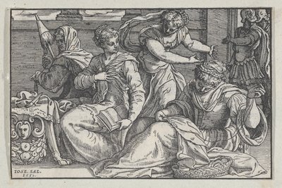 Lucretia instruerar sina döttrar i handarbete, 1557. av Giuseppe Porta