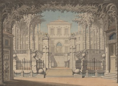Ett turkiskt palats (troligen för Mozarts "Abduction from the Seraglio") av Giuseppe Quaglio
