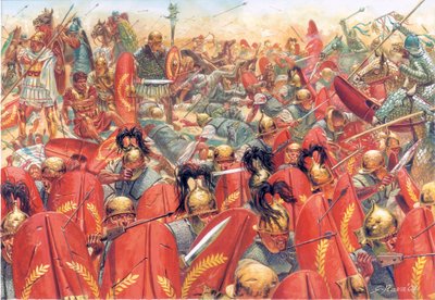 Antika Rom: Slaget vid Carrhes (eller Charan) besegrade de romerska legionerna under general Crassus, av partherna ledda av general Surena den 9 juni av Giuseppe Rava