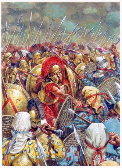 Slaget vid Thermopyle: Den spartanska armén under befäl av Leonidas I strider tillsammans med grekerna mot perserna 480 f.Kr (Persiska krigen/Slaget vid Thermopylae 480 f.Kr - (Den spartanske kungen Leonidas och hans män stupar i slaget) - Illustration av  av Giuseppe Rava