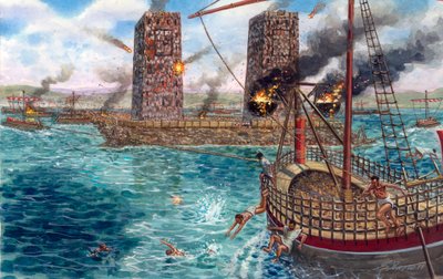 Perserrikets conquete: Alexander den stores (356-323 f.Kr.) belägring av Tyrus 332 f.Kr. - Alexander den stores belägring av Tyrus 332 f.Kr. under hans fälttåg mot perserna - Illustration av Giuseppe Rava av Giuseppe Rava
