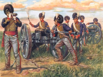 Första imperiet: Engelska artillerisoldater laddar en kanon i slaget vid Waterloo 1815 - Första kejsardömet: soldater från brittiska armén laddar en kanon i slaget vid Waterloo 1815 - Illustration av Giuseppe Rava av Giuseppe Rava
